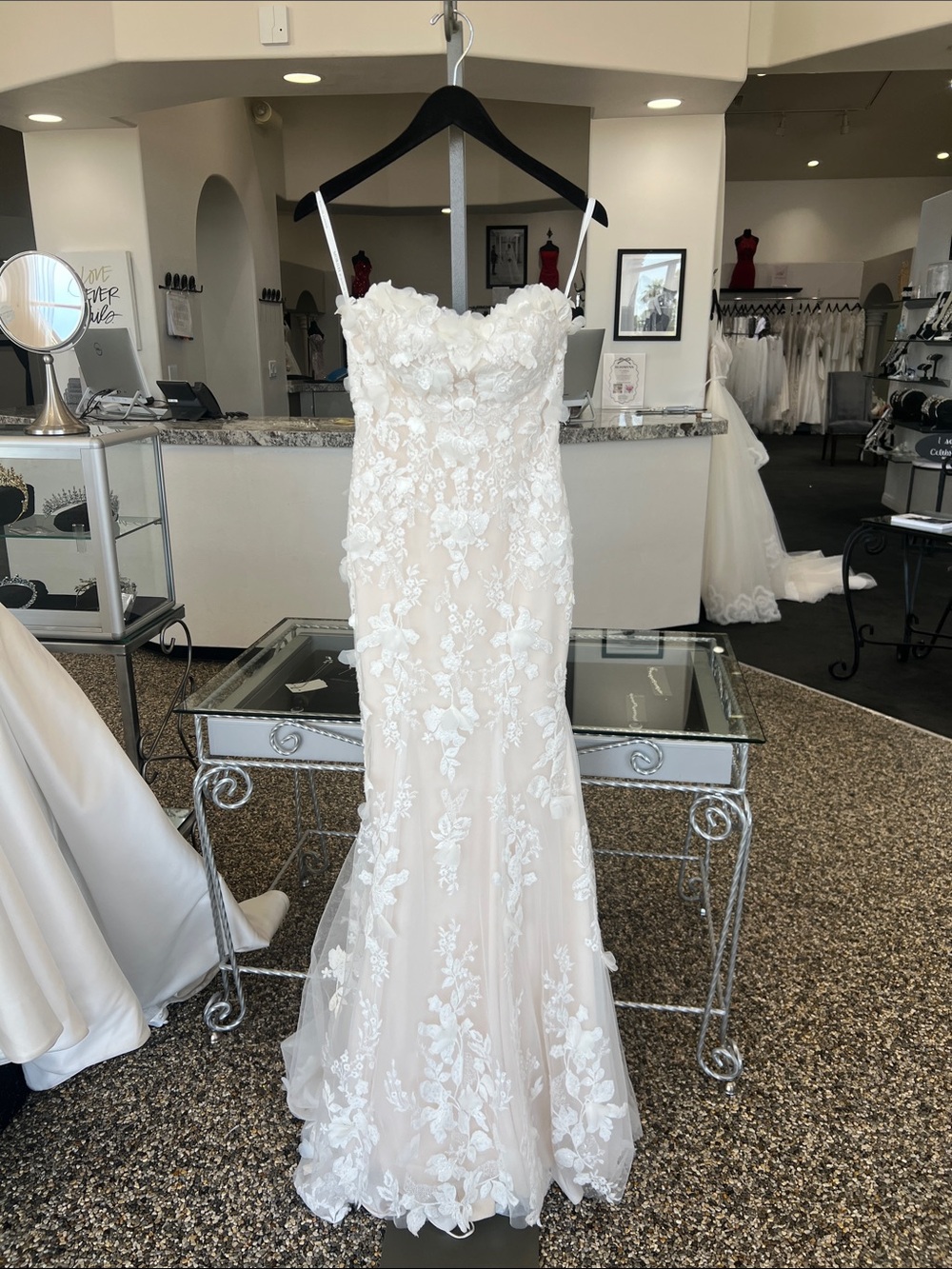 Strapless Lace Appliqué Wedding Gown in Ivory/Champagne